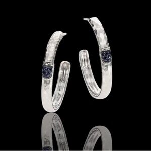 John Hardy Hammered Texture Black Sapphire and 925 Sterling Silver Hoop Earrings
